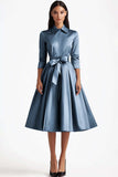 Blue A Line Flared Front Button Closures Midi Formal Dress with Long Sleeves