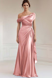 Grey Blue Satin Pleated One Shoulder Mother of the Bride Dress