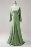 Modest Long Sleeve Round Neck Sage Bridesmaid Dress