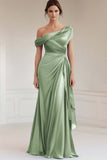 Grey Blue Satin Pleated One Shoulder Mother of the Bride Dress