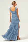 Dark Navy A Line Tiered Chiffon Maxi Bridesmaid Dress