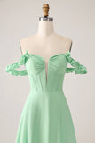 Green A Line Off The Shoulder Corset Floor Length Dress With Ruffles