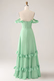 Green A Line Off The Shoulder Corset Floor Length Dress With Ruffles