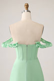 Green A Line Off The Shoulder Corset Floor Length Dress With Ruffles