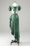 Olive Asymmetrical V Neck Satin Sheath Tea-Length Dress with Ruffles