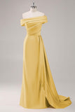 Off the Shoulder Satin Champagne Formal Dress with Drape