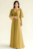 Agave Chiffon Pleated Flare Sleeves V Neck Mother of The Bride Dress