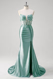 Blue Mermaid Strapless Slit Corset Prom Dress with 3D Appliques