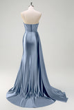 Beaded Corset Spaghetti Straps Mermaid Navy Prom Dress with Slit