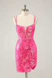 Gorgeous Hot Pink Bodycon Lace Up Glittler Mini Dress with Slit