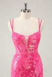 Gorgeous Hot Pink Bodycon Lace Up Glittler Mini Dress with Slit