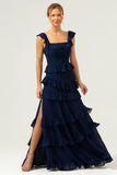 Dark Navy A Line Tiered Chiffon Maxi Bridesmaid Dress