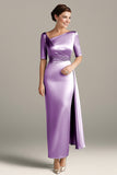 Silver Grey Sheath Satin Half Sleeves Mother Of The Bride Dress