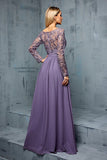 Grey Purple A Line V Neck Embroidered Chiffon Maxi Dress with Long Sleeves