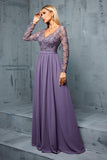 Grey Purple A Line V Neck Embroidered Chiffon Maxi Dress with Long Sleeves