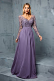 Grey Purple A Line V Neck Embroidered Chiffon Maxi Dress with Long Sleeves