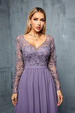 Grey Purple A Line V Neck Embroidered Chiffon Maxi Dress with Long Sleeves