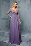 Grey Purple A Line V Neck Embroidered Chiffon Maxi Dress with Long Sleeves