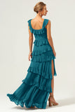 Dark Navy A Line Tiered Chiffon Maxi Bridesmaid Dress