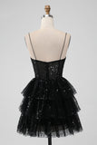 Sparkly Black Spaghetti Straps Tiered Mini Dress with Sequins