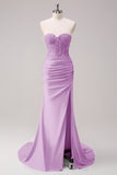 Fuchsia Sweetheart Ruched Mermaid Slit Prom Dress with Appliques