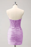 Lilac Strapless Ruched Corset Homecoming Dress with Appliques