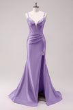 Fuchsia Ruched Corset Mermaid Prom Dress with Slit