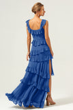 Dark Navy A Line Tiered Chiffon Maxi Bridesmaid Dress