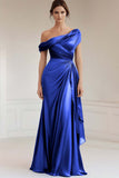 Grey Blue Satin Pleated One Shoulder Mother of the Bride Dress