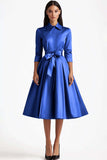 Blue A Line Flared Front Button Closures Midi Formal Dress with Long Sleeves