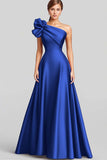 Navy A-Line Ruffled One Shoulder Satin Long Formal Dress