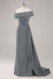 Off the Shoulder Satin Champagne Formal Dress with Drape