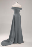 Off the Shoulder Satin Champagne Formal Dress with Drape