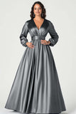 Grey Blue A Line V Neck Mother of the Bride Dress with Long Sleeves