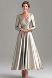 A Line Grey Blue V Neck Mother Of the Bride Dress with Long Sleeves