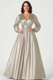 Grey Blue A Line V Neck Mother of the Bride Dress with Long Sleeves