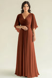 Agave Chiffon Pleated Flare Sleeves V Neck Mother of The Bride Dress