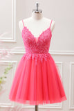 Cute Hot Pink A Line Tulle Mini Dress with Floral Appliques