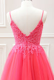 Cute Hot Pink A Line Tulle Mini Dress with Floral Appliques