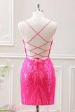 Sparkly Hot Pink Sequined Bodycon Mini Dress with Lace up Back