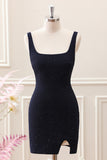 Sparkly Dark Blue Square Neck Bodycon Mini Dress With Slit