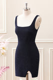 Sparkly Dark Blue Square Neck Bodycon Mini Dress With Slit