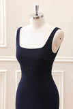 Sparkly Dark Blue Square Neck Bodycon Mini Dress With Slit