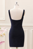 Sparkly Dark Blue Square Neck Bodycon Mini Dress With Slit