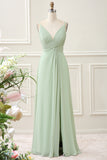 Dusty Sage A Line Spaghetti Straps Pleated Chiffon Maxi Dress