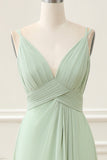 Dusty Sage A Line Spaghetti Straps Pleated Chiffon Maxi Dress