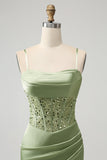 Glitter Sage Green Bodycon Sequin Corset Mini Dress with Slit