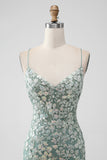 Grey Green Bodycon Lace-up Back Mini Dress with Sequin Appliqued