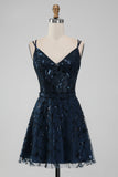 Navy A Line Spaghetti Straps Sparkly Sequins Mini Dress