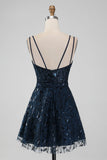 Navy A Line Spaghetti Straps Sparkly Sequins Mini Dress